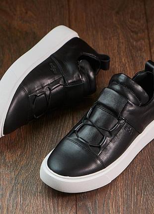 Мужские кеды на резинке натуральная кожа, кожаные кроссовки edge без шнурков