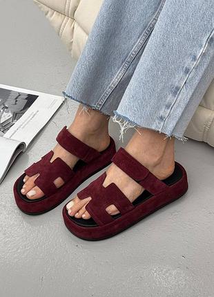 Шлепанцы женские замшевые на платформе, слайдеры,  вишнёвые