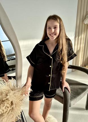 Черная пижама шелковая для девочки свободного кроя