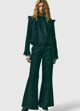 Трендовые широкие клёш-джинсы h&m чёрные с лёгким винтажным эффектом