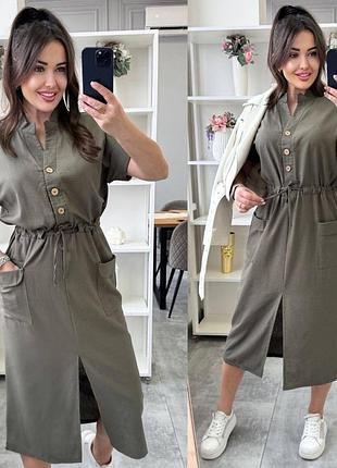 Женское летнее платье миди льняное лен