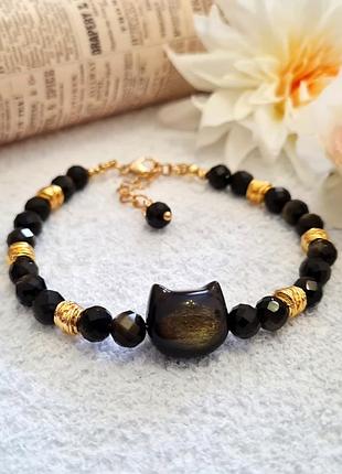 🔺🐱🐌ніжний браслет котик із натурального золотистого обсидіана