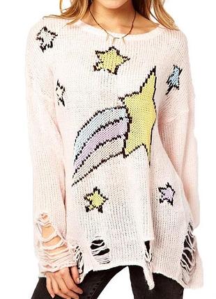 Вязаная кофта с принтом и рваными декоративными дырами,нежная,воздушная.