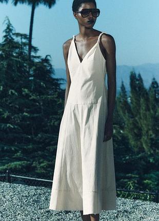 Хлопковое платье zara. классическое платье миди на весну и лето. оттенок экрю.