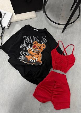 Костюм тройка футболка + топ + велосипедки