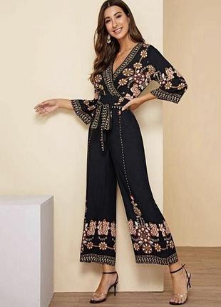 Натуральний комбінезон максі 46-48 вінтаж ретро бохо святковий комбез на запах з поясом літній комбез бавовнянинй комбенізон