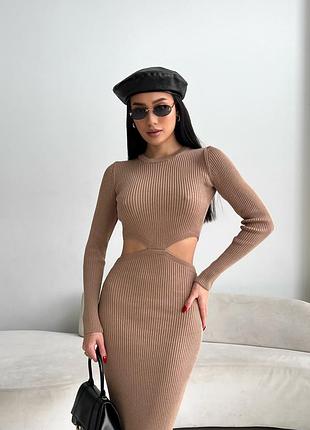 Довга облягаюча сукня з вирiзом (5 кольорiв) бавовняна сукня в рубчик4 фото