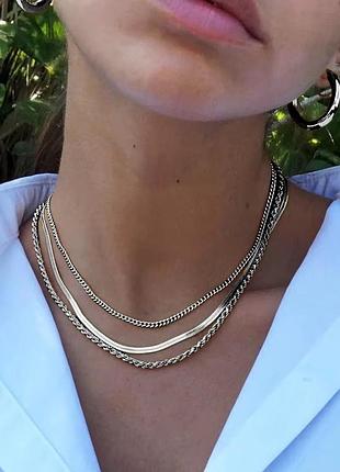 Набор цепочек цепок многослойное ожерелье колье цепь цепочка плетеная снейк панцирь панцирное плетение серебристое типа серебряное серебро женское