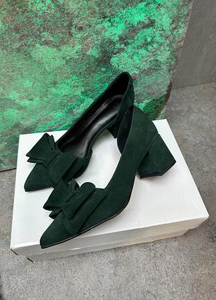 Зелені смарагдові замшеві туфлі човники з бантиком