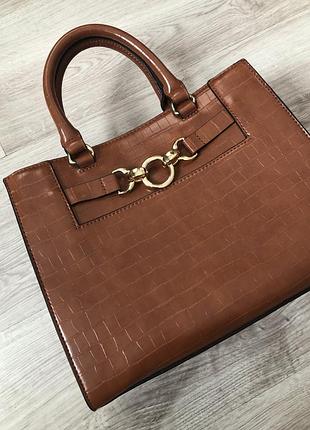 Сумка сумочка саквояж рептилия большая вместительная женская трапеция чемодан коричневая олд мани золото короткие ручки