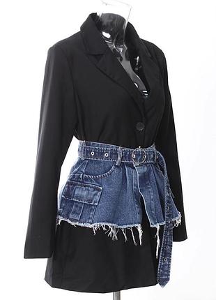 Піджак чорний оверсайз з баскою джинсовою