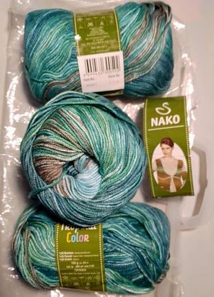 Пряжа хлопок бамбук зеленая разноцветная 100 г 285 м nako tropical color