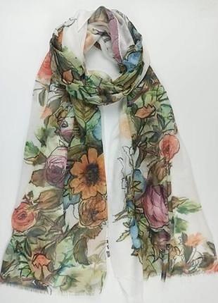 Шарф платок тонкий весна лето батист хлопок белый цветы