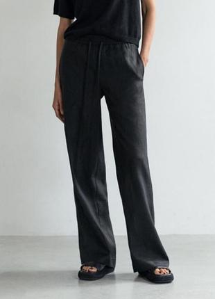 Bershka льняные брюки wide-leg в черном цвете