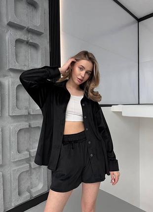 Костюм велюровый женский базовый рубашка оверсайз рубашка свободная шорты комплект черный малиновый розовый коричневый шоколадный