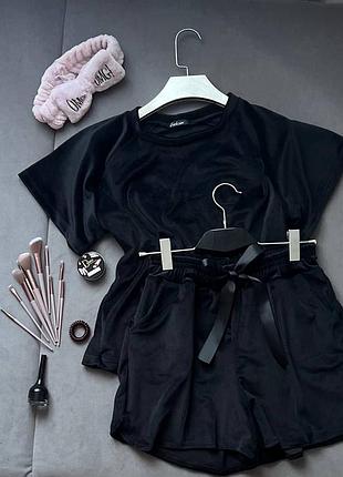 Костюм женский базовый велюровый футболка шорты короткие комплект стильный домашний пижама черный бордовый шоколадный коричневый розовый