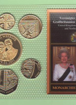 Набор позолоченых монет великобритания - из серии: монархии мира : royal weding набір великобританія