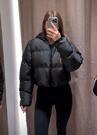 Куртка короткая пуховик до -20 черная стеганая водозащитная xs s m zara 4341/749