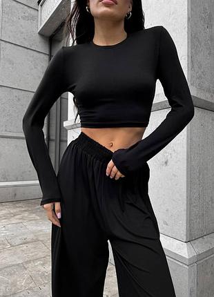 Костюм жіночий топ короткий на довгий рукав штани вільного крою на високій посадці якісний