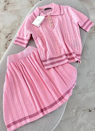 Костюм balmain двойка кофта поло свитерик вязаный и юбка плиссе розовая на резинке