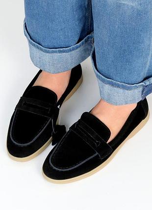 Лоферы женские черные на светлой плоской подошве, удобные лоферы замшевые весенние, летние. под любо