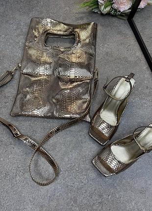 Золотая дизайнерская сумка- пакет 2в1 натуральная кожа питон металлик