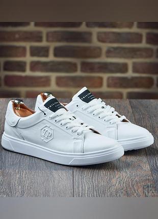 Чоловічі кеди pp білі з натуральної шкіри, базові шкіряні кросівки plein білого кольору