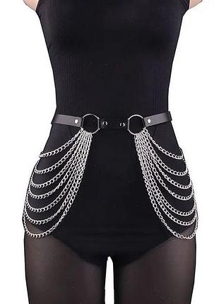 Пояс с цепками черный искусственная кожа панк готика ремень с цепочками портупея с цепями