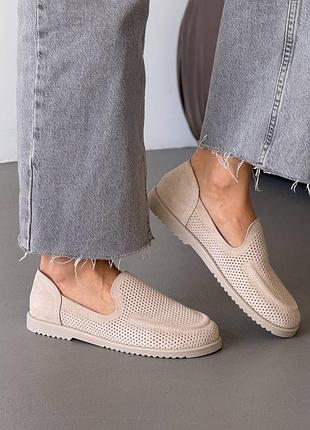 Бежевые лоферы barefoot из натуральной замши / замшевые лоферы бежевого цвета с перфорацией