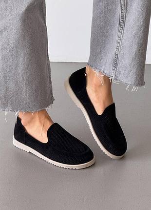 Черные лоферы barefoot из натуральной замши / замшевые лоферы черного цвета с перфорацией