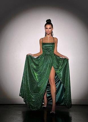 Сяюча люрексова сукня максі з розрізом, вечірня довга сукня з люрексу, блискуче плаття максі на випускний