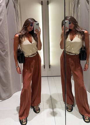 100% льон теракотові штани  zara