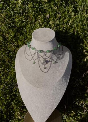 Многослойное ожерелье чокер с натуральным агатом и жадеитом