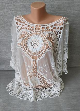 Кружевная кофта накидка на купальник сетка ажурная кофта