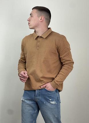 Світло коричневий джемпер checker 1/3 на пуговицях, поло довгий рукав, регбійка, з коміром, кофта, кавова, однотонна