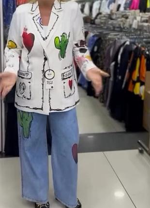 Нереально стильный костюм,пиджак,жакет с джинсами в яркую принт, туречкова люкс качество.