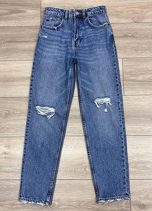 Zara базовые повседневные широкие брюки мом с эффектом потертости рваные синие голубые xxs xs подростковые