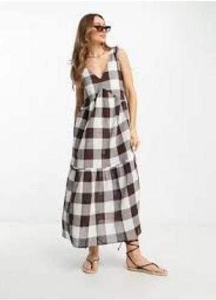 Сарафан макси в шоколадную клетку с жатой трапецией asos design