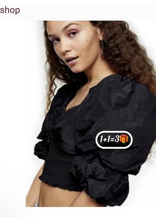 Topshop шикарная черная блузка кроп топ рубашка  блуза кофта с рукавами волан воланами с пышными zara  рукавами укорочения чёрная