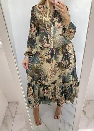 Эффектное зеленое платье шифон ярусное миди макси h&m принт цветы цветочное
