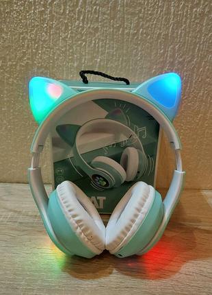 Детские наушники bluetooth беспроводные светящиеся с ушками бирюзовые