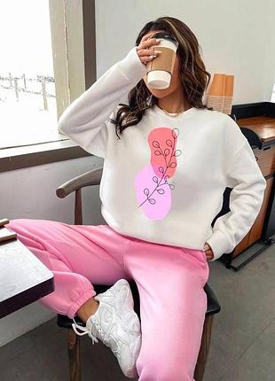 Костюм спортивний жіночий базовий оверсайз вільний кофта біла з принтом квітів світшот з малюнком штани джогери комплект синій голубий зелений рожевий