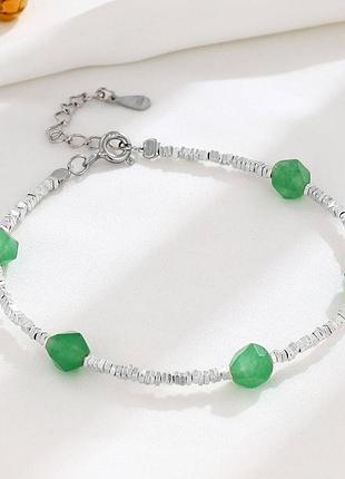 Браслет срібний з брусочками срібла та натуральним зеленим авантюрином, срібло 925 проби, довжина 16+3 см