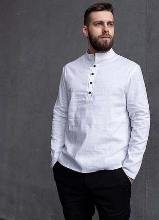 Мужская белая рубашка из льна длинный рукав