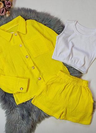 Костюмчик тройка из качественного муслина🥰
сорочка + топ + шорти✨