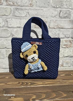 Сумка молодежная вязаная синяя с медвежонком