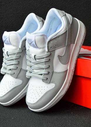 Светлые весенние женские кеды nike sb dunk low white gray, белые с серым найки натуральная кожа каче