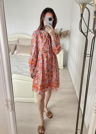 Квіткова бавовняна міні сукня на довгий рукав від max&co у розмірі s