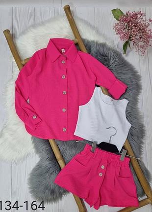 Стильний костюмчик трійка(сорочка+топ+шорти)
тканина американський креп- жатка,топ рубчик