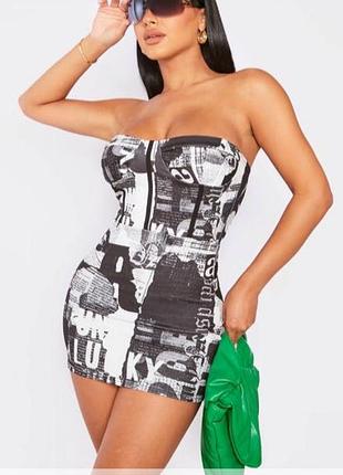 Облегающее платье с миниатюрным серым газетным корсетом prettylittlething